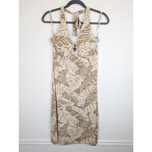 Tommy Bahama Dress Halter Leaf Tropical Vacation Resort Boho Tan Cream Size S